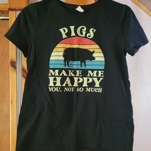 Black Graphic Tee with Pig Design